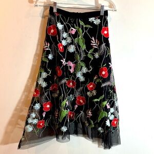 EVA FRANCO Sz 0 A-Line Sheer Layer With Floral Embroidery Midi Length Skirts